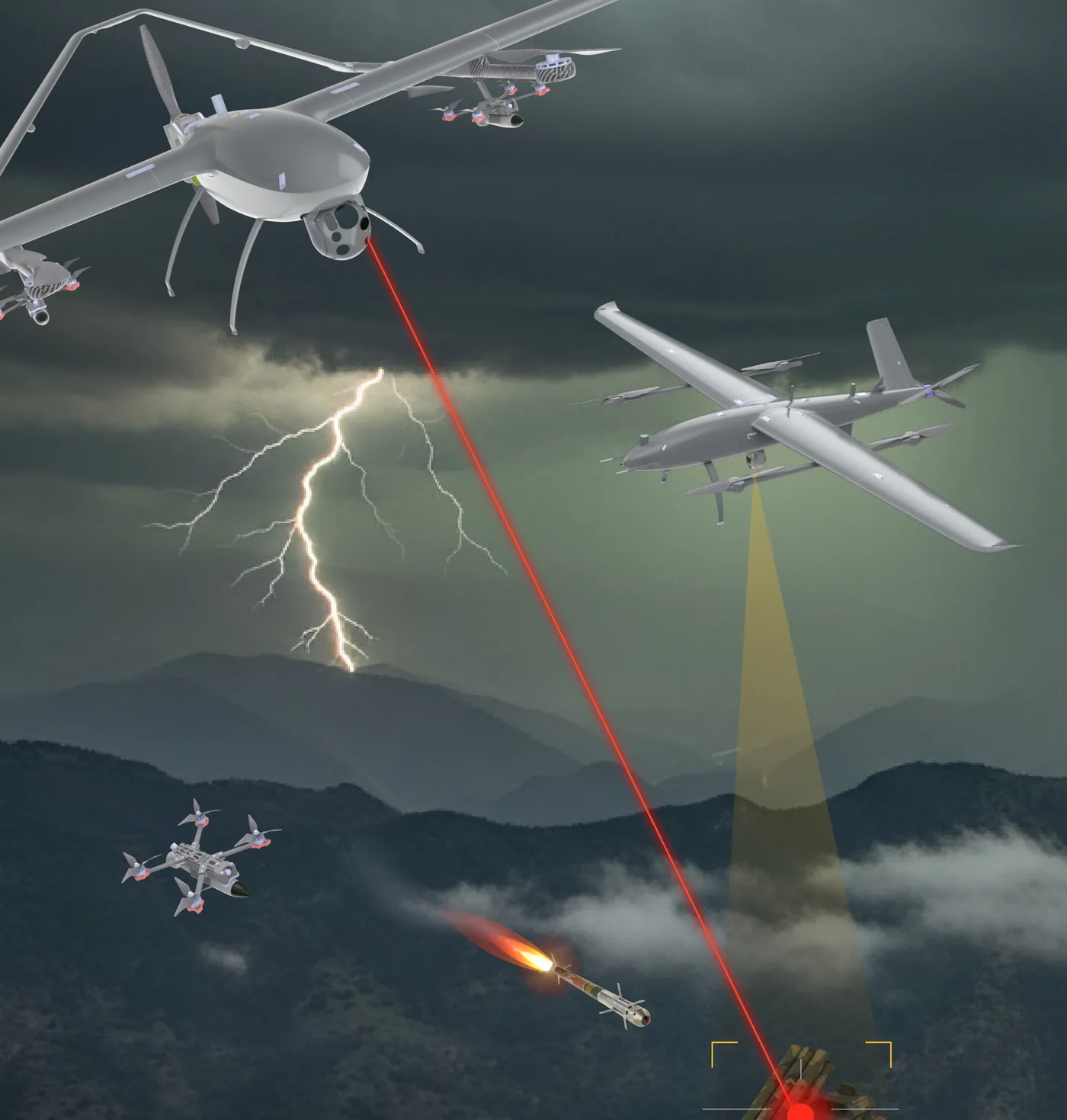 Aeter VTOL lasing a ground target while a munition and FPV drones approach in stormy mountain terrain