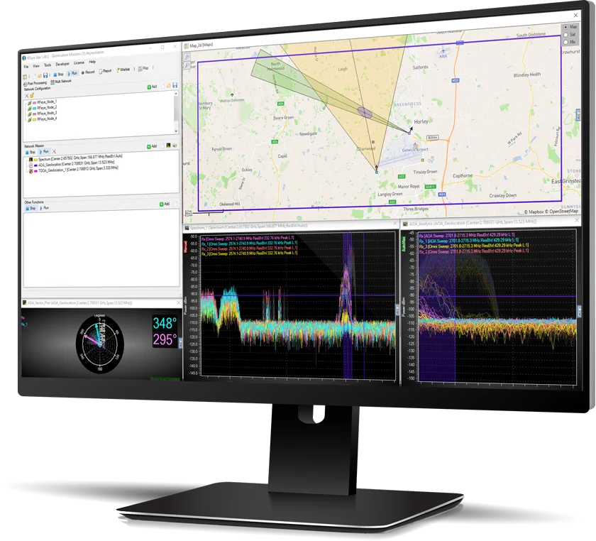 RFeye Site workstation showing geolocation, spectrum and mapping