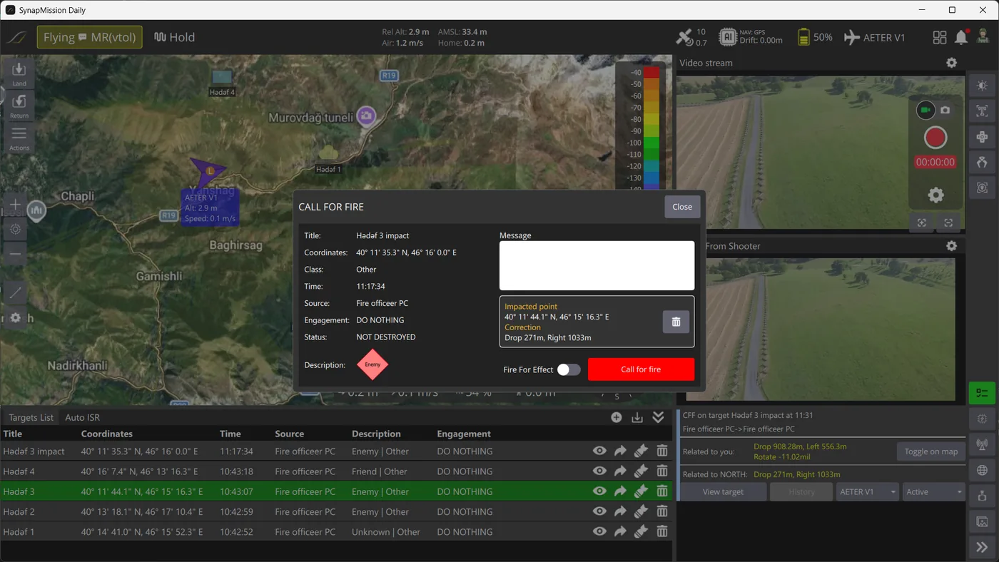 Synap OS mission control interface showing map, video feeds and target data